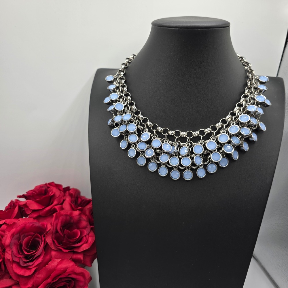 The Limited Silver Tone Light Blue Cabochon Bib Statement Necklace Fringe Chunky